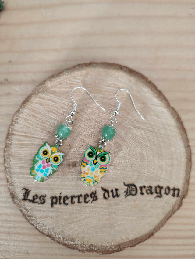 Boucles d'oreilles Vision éveillée, chouettes et aventurine verte